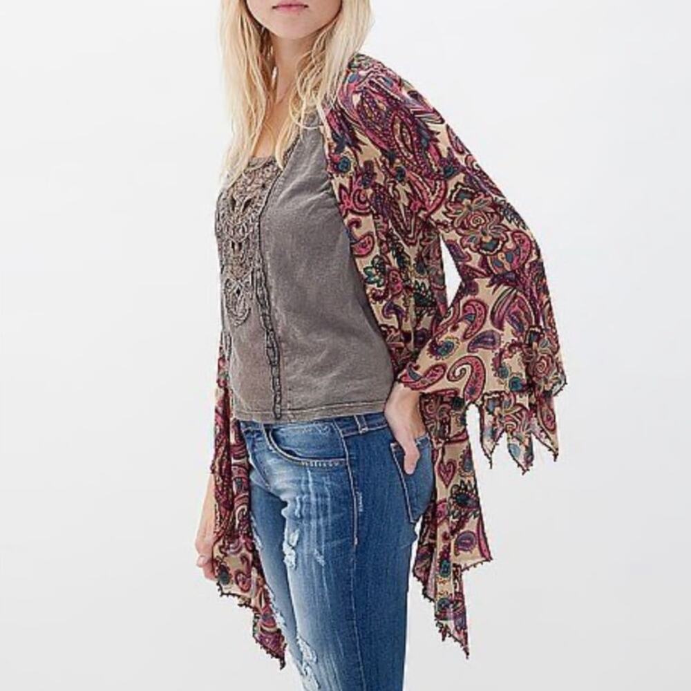 Gimmicks Fly Away Kimono Womens Large Paisley Bead Trim Open Lightweight Topper
